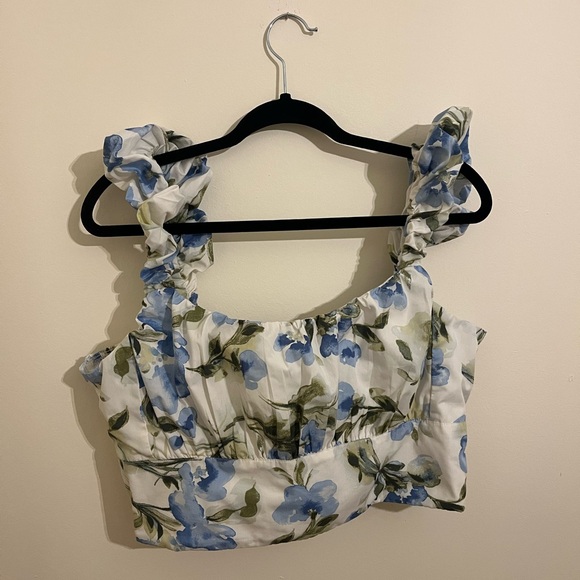 Abercrombie Scrunch Strap Poplin Top in Blue/Green Floral Print, Size XL - Picture 9 of 15